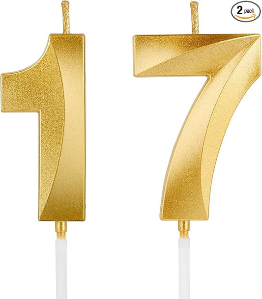 Birthday Candles, 1.96 Inch Number 17 Happy Birthday Candles, Number Candles Decoration for Birthday Party and Anniversary Celebration(Champagne Gold)
