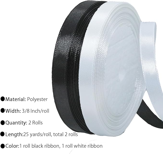 2 Rolls Black White Ribbon, 3/8 Inch 50 Yards Black White Satin Fabric Ribbon for Wedding Party, Gift Wrapping, Baby Shower, Flower Bouquets, DIY Crafts, Birthday Cakes and Mothers Day Decorations