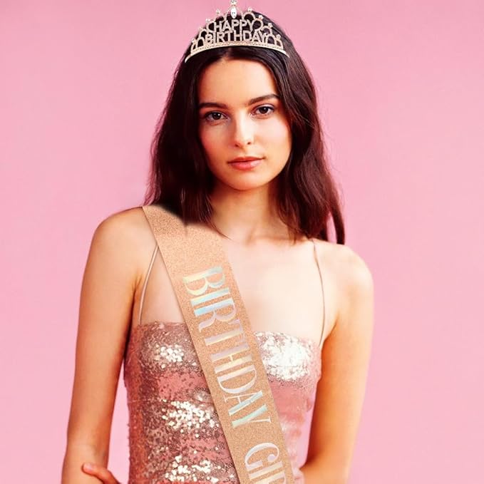 Rose Gold Birthday Crown and Sash for Women Girls Rose Gold Tiaras for Women Crowns for Girls Princess Crown Rhinestone Happy Birthday Hair Accessories