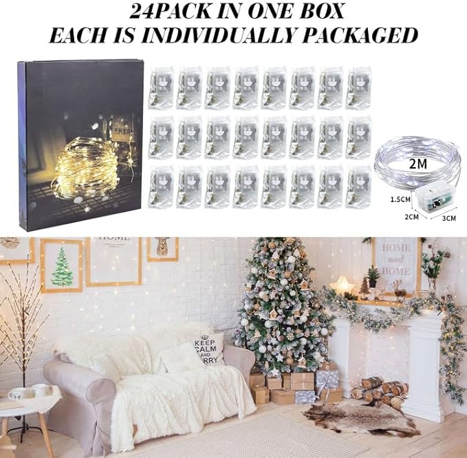ZGWJ 24 Pack Fairy Lights Battery Operated, 7ft 20 Mini LED Fairy String Lights Silver Wire 3 Modes for DIY, Parties, Wedding, Bedroom, Halloween Christmas Decoration Silver White