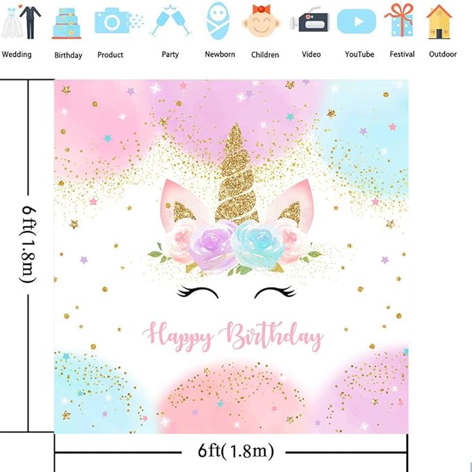 Mocsicka Unicorn Birthday Decorations Backdrop for Girls Party 6x6ft Pastel Rainbow Glitter Stars Dots Happy Birthday Banner Photo Booth Props