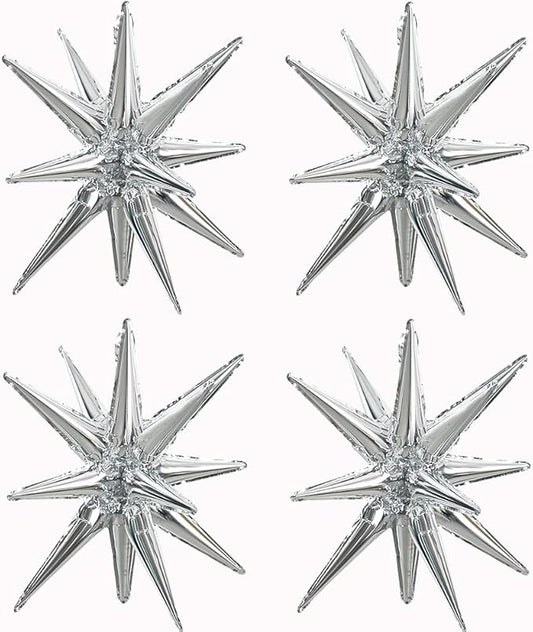 TONIFUL 4 Pcs 22inch 4D Huge Silver Star Balloons Explosion Star Mylar Foil Balloons for Party Supplies Backdrop Christmas,New Year,Birthday, Wedding,Photo Booth Ornament