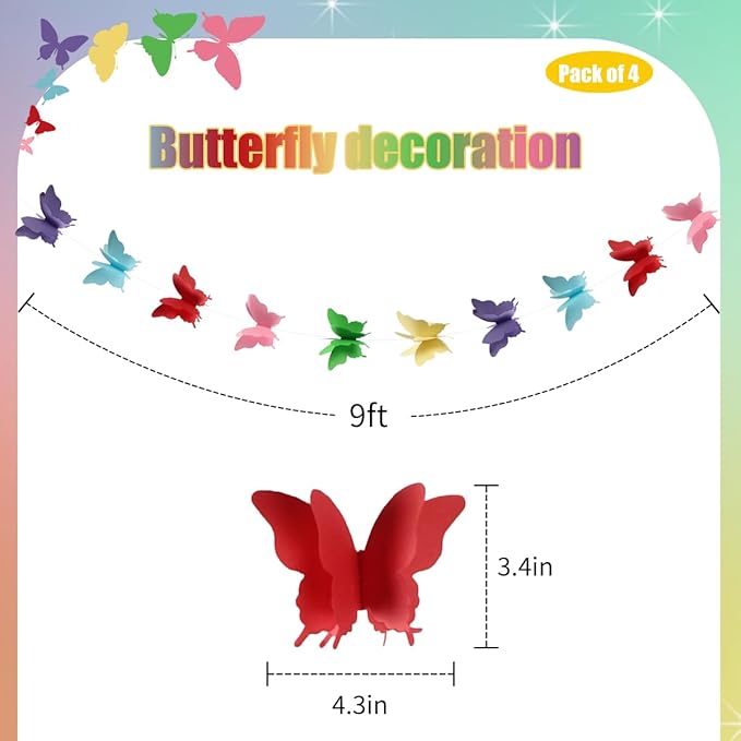 Butterfly Decorations, Butterfly Birthday Decorations for Wedding Baby Shower Birthday Party Decorations Rainbow Pack of 4, 10001