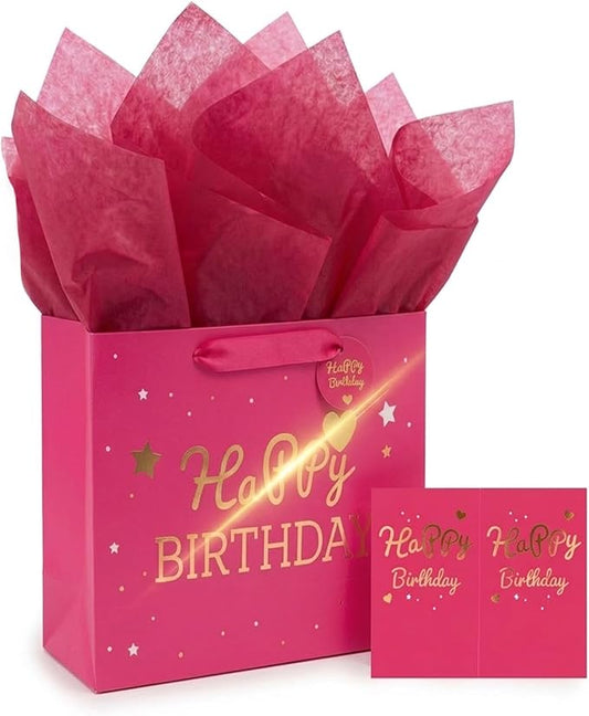 DOUBLESHOOT Pink Happy Birthday Gift Bag for Women, Medium 13 x 10.2 x 4.9 in Gift Set with Pink Tissue Paper & Greeting Card, Gold Heart & Stars Design, for Girls