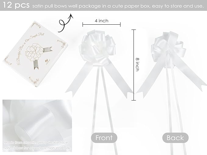 HUIHUANG White Pull Bows 12 PCS Christmas Gift Bows 4" x 8" White Satin Present Bow for Gift Wrapping, Gift Basket, Paper Bag, Wrapping Accessories, Wreaths, Wedding Christmas Decor