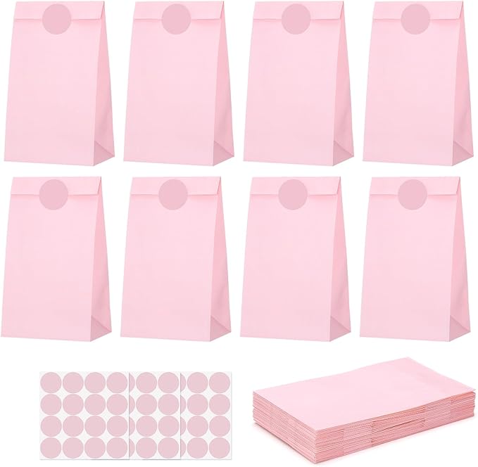 woric 36PCS Pink Paper Bags with Stickers, Small Pink Party Favor Bags for Girls Birthday Self Stand Goodie Gift Bag for Kids Baby Shower Wedding Party Decor