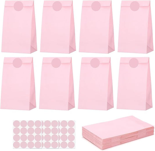 woric 36PCS Pink Paper Bags with Stickers, Small Pink Party Favor Bags for Girls Birthday Self Stand Goodie Gift Bag for Kids Baby Shower Wedding Party Decor