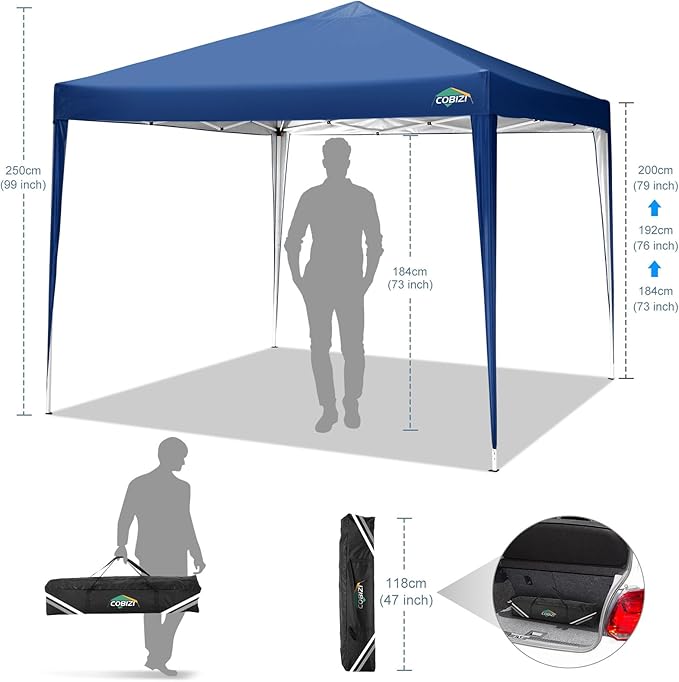 COBIZI 10x10 Pop Up Canopy Tent Without Sidewall, UPF 50+ Waterproof Outdoor Canopy, Instant Tent Portable Canopies Gazebo for Commercial Sun Shade Party Backyard with 4 Sandbags(Navy Blue)