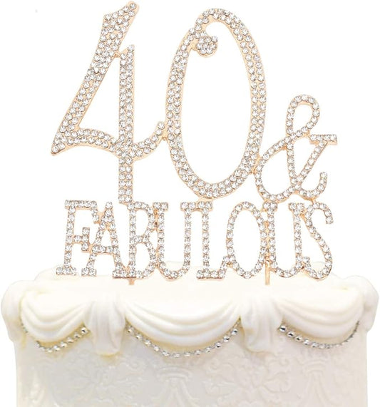 40 & Fabulous Cake Topper 40 Years Birthday Or 40th Wedding Anniversary Gold Crystal Rhinestone Party Decoration