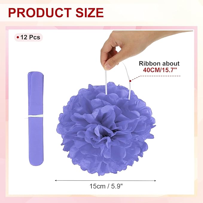 PATIKIL 6inch Tissue Paper Pom Poms, 12PCS Pom Poms Paper Flowers Ball Tissue Paper Flowers for Wedding Bridal Shower Birthday Bachelorette Party Backdrop Decoration, Purple