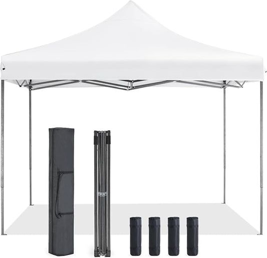 OLIXIS 10x10 Ft Pop Up Canopy Tent, Waterproof Portable Outdoor Shade Canopy with Sand Bags for Beach, Backyard Parties & Events, Pure White