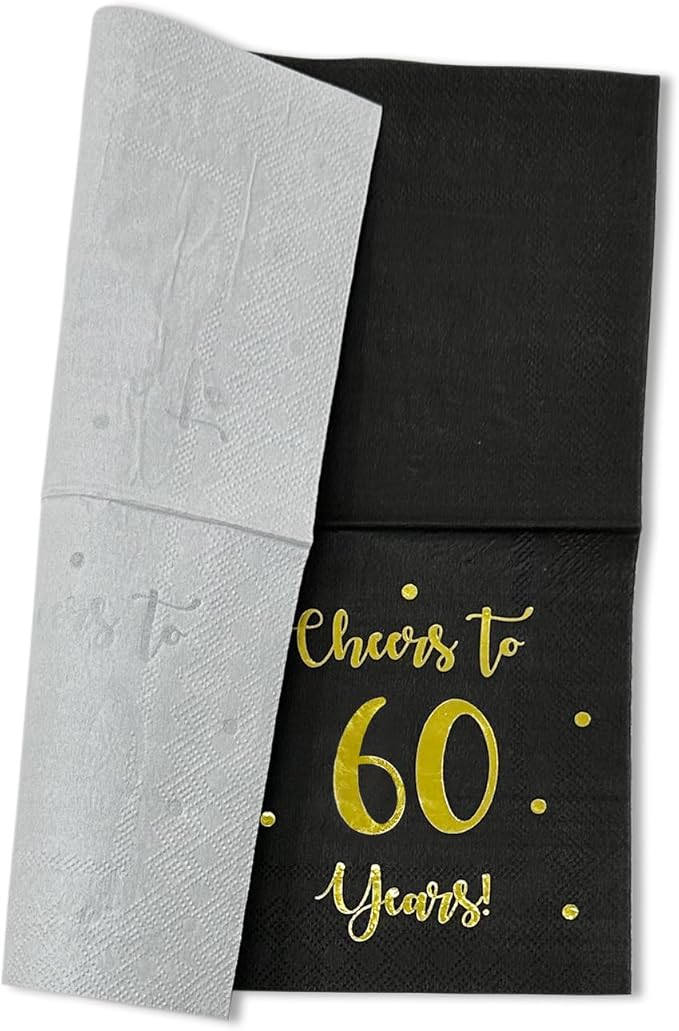 Cheers to 60 Years Cocktail Napkins | Happy 60th Birthday Decorations for Men and Women and Wedding Anniversary Party Decorations | 50-Pack 3-Ply Napkins | 5 x 5 inch folded (Black)
