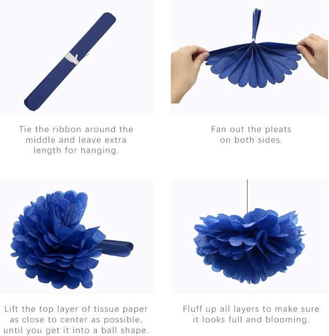 Navy Blue Red White Party Decorations Hanging Paper Fans Pom Poms Flowers Tissue Tassel Garland for 4th of July Day Patriotic Decoration Graduation Birthday Supplies