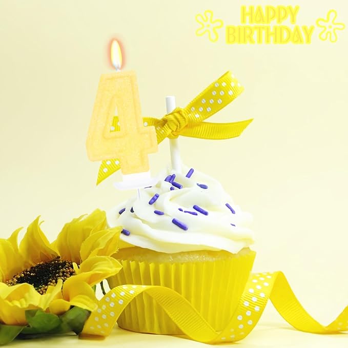 Yellow Birthday Candles for Boys Girls - Number 4 Candle Cake Topper for Yellow Party Decorations Sunflower Birthday Decorations