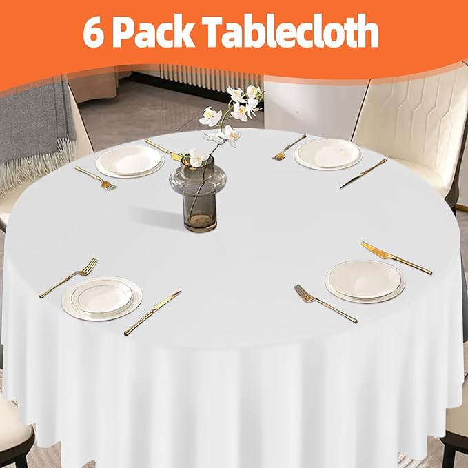tujol White 6 Pack Plastic Table Cloth 84", Disposable Round Tablecloth Table Cover, Plastic Tablecloths for Parties
