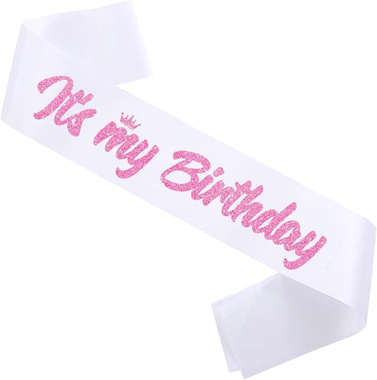 It's My Birthday Sash White with Glitter Pink Letters Happy Birthday Sash for Women Girl Bday Gift Ideas Party Favors