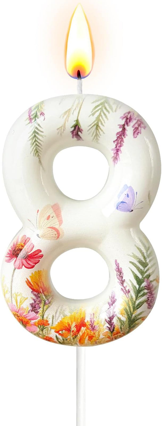 Number 8 Birthday Candle for Cake – Floral Botanical Design with Butterfly Detail – Elegant Cake Topper for Birthday, Garden Party Decoration