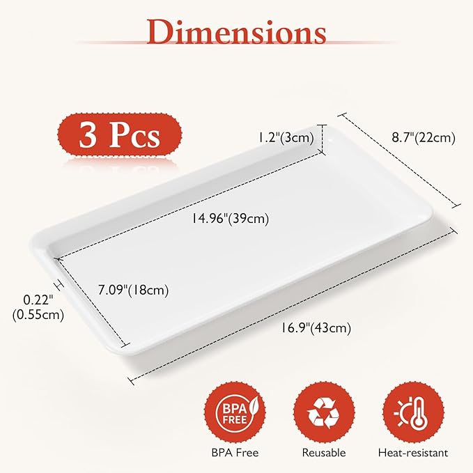 Extra Large Serving Tray Melamine Plastic for Party Supplies, 17" x 8.6" Platters for Serving Food, 3 pcs White Reusable Tray for Veggie, Snack, Fruit, Cookies, Desserts in Kitchen/Pantry Organization