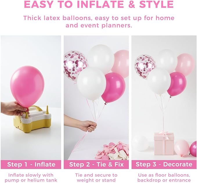 LovesTown 150 PCS Pink White Balloons Different Size of 18 12 10 5 Inch, Pink Confetti Balloons with Ribbons for Birthday Bridal Shower Wedding Gender Reavel Bachelorette Princess Party Decoration