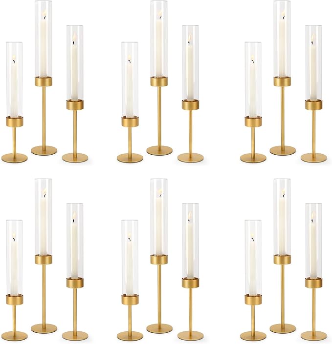 Glass Hurricane Candle Holders Set of 18-Gold Metal Base Taper Candle Stick Holders for CandlesticksHolder Decor, Elegant Dining Table Centerpiece for Wedding, Christmas & Home Decor