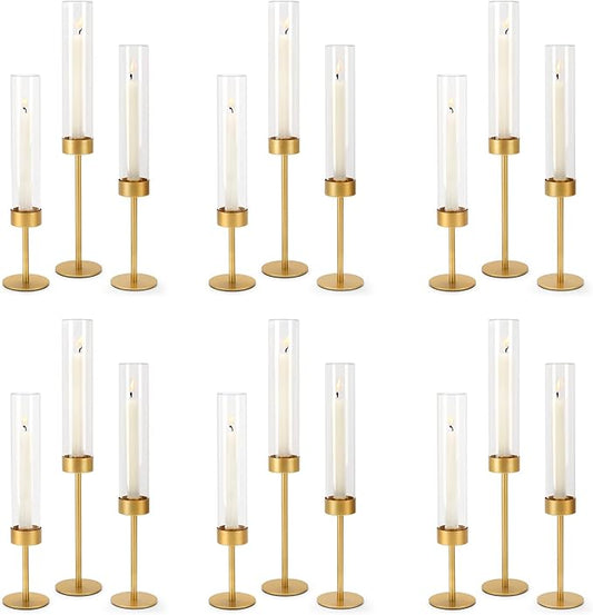 Glass Hurricane Candle Holders Set of 18-Gold Metal Base Taper Candle Stick Holders for CandlesticksHolder Decor, Elegant Dining Table Centerpiece for Wedding, Christmas & Home Decor