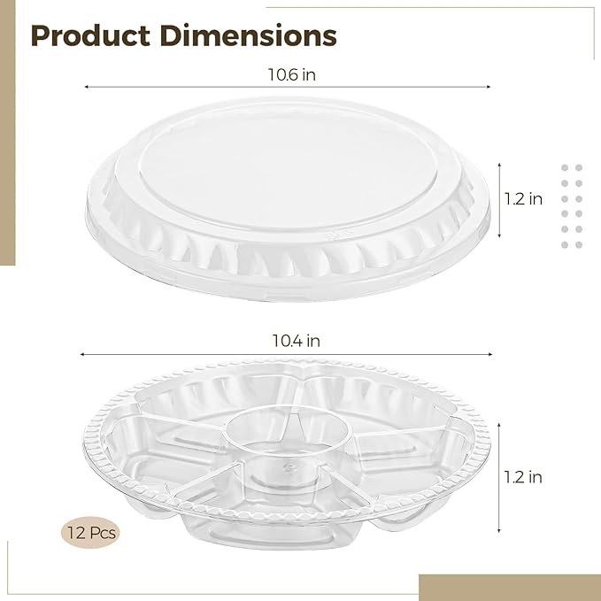 12 Pcs Plastic Appetizer Trays with Lid, Clear Disposable Round Serving Platters, 6-Compartment Divided Snack Fruit Plates with Dome Covers for Parties, Buffets, Picnics