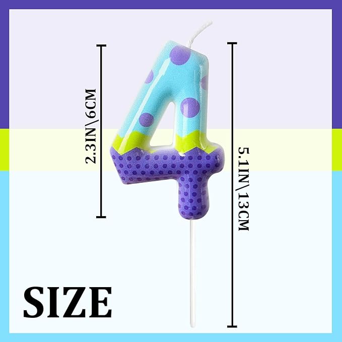 Number 4 Birthday Candle for Cake – Colorful Polka Dot & Patchwork Design – Fun Cake Topper Decoration for Birthday Celebration