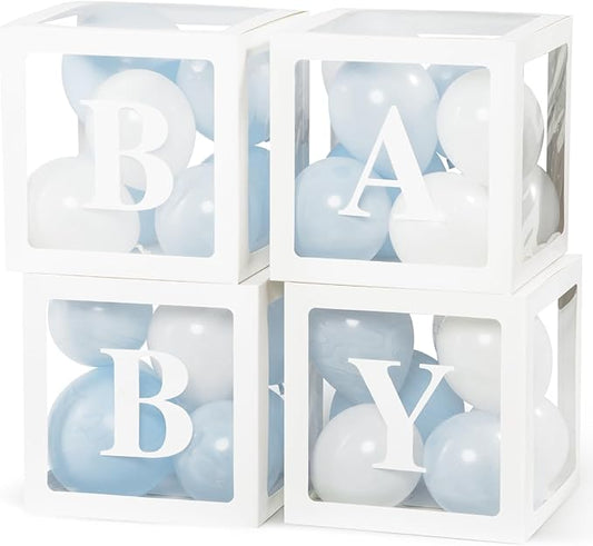 Voircoloria Baby Shower Decorations, 4pcs Transparent Balloon Boxes with Letters, Blue & White, Includes 36 Balloons & Adhesive Dots