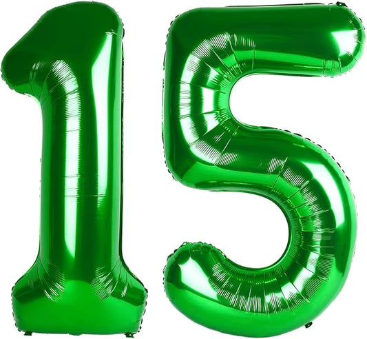 15 Balloons Number, 40 Inch 15th Birthday Decorations for 1 5 15 51, Dark Green Big Foil Number Balloons for Wedding Store Anniversary Party Supplies