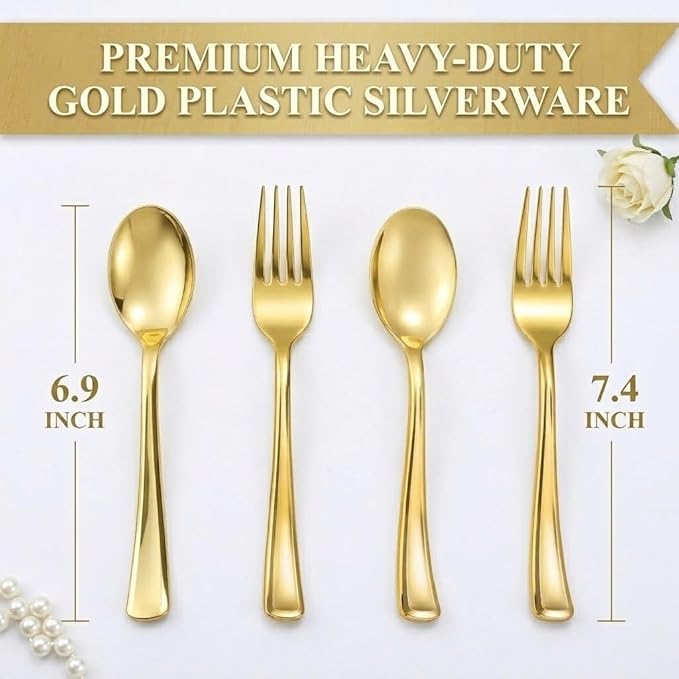 Goodluck 100 PCS Gold Plastic Silverware, Heavy Duty Plastic Cutlery Includes 50 Forks and 50 Spoons, Elegant Disposable Utensils, Durable Flatware for Parties, Weddings Catering and Dinners
