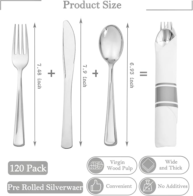 Supernal Pre Rolled Silver Plastic Silverware Set of 30 Wrapped Cutlery,Heavy Duty Disposable Wrapped Cutlery Set for Business Banquets, Weddings, Mother's Day,Graduations & 2026 Events