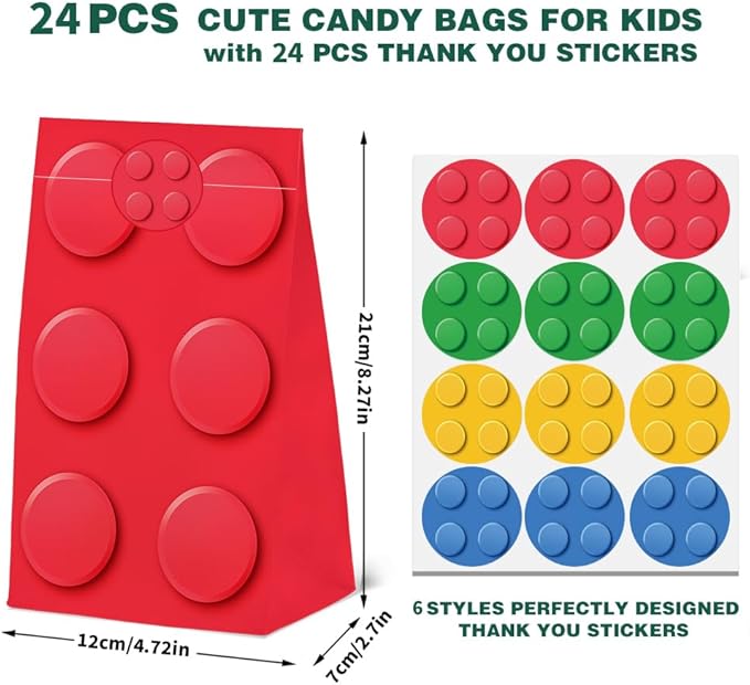 24 Pcs Colorful Building Block Theme Party Favor Bag with Stickers, Building Block Party Decorations Paper Bag Party Goodie Bags For Birthday Party Supplies