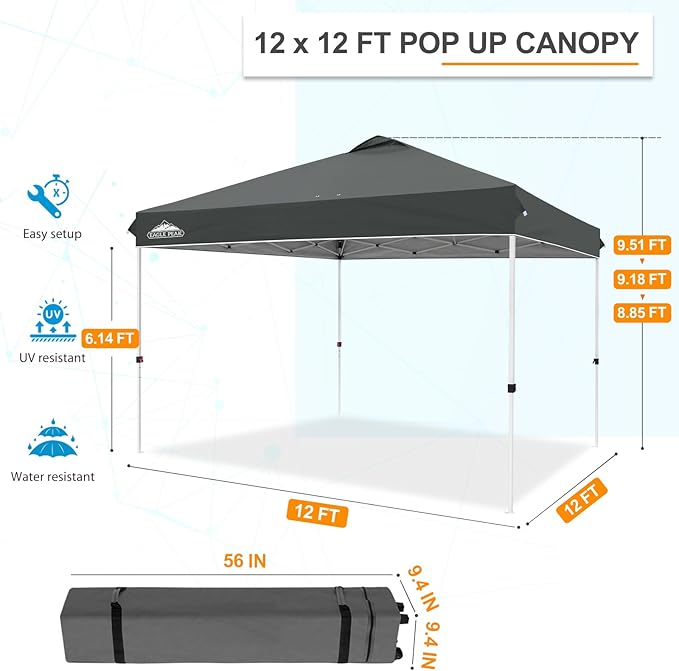 EAGLE PEAK Pop Up Canopy Tent with Wheeled Carry Bag, 8 Stakes, 4 Ropes, 4 Weight Bags, Easy Set Up Tent Canopy, 12x12 ft, 144sqft of Shade, Gray