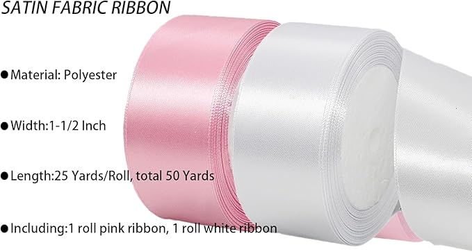 2 Rolls Pink White Ribbon, 1 1/2 Inch x 50 Yards Satin Pink Fabric Ribbon for Flower Bouquets, Gift Wrapping, DIY Crafts, Birthday Cakes, Holiday, Wedding Party and Mother’s Day Decorations