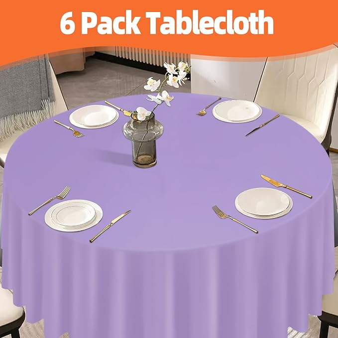 tujol Lavender 6 Pack Plastic Table Cloth 84", Disposable Round Tablecloth Table Cover, Plastic Tablecloths for Parties