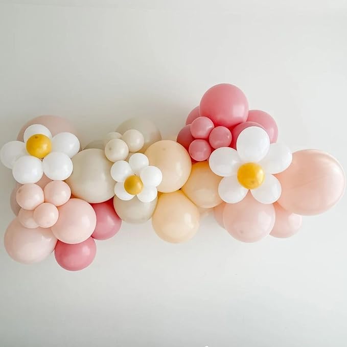 Daisy Balloon Garland Arch Kit,Retro Pink Sand White Hippie Boho Flower Balloons Garland For Birthday Baby Shower Bridal Wedding Groovy Party Decorations