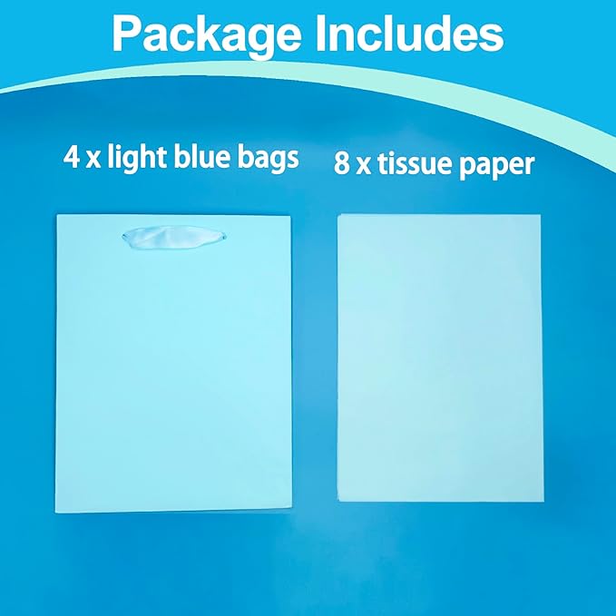 MOXARYSU 4 Pcs Medium Light Blue Gift Bags: 8x5x10 Inches Gift bags With Handles Party Favor Bags With 8 Tissue Paper For Party,Birthday,Baby Shower,Wedding（Light Blue）