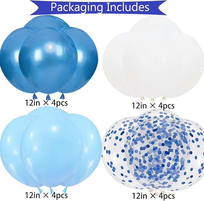Happy Birthday Banner, Blue Birthday Decoration, 16 Pcs 12in Balloons with 2 Ribbons for Boys and Men Any Ages Party Decoration