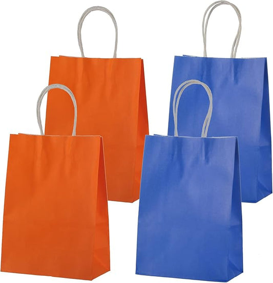 MISU Paper Bags Party Favor Bags Kraft Paper Gift Bags with Handle, Small, 8.3x5.9x3.2 Inches, 16-Pack (Orange, Blue)