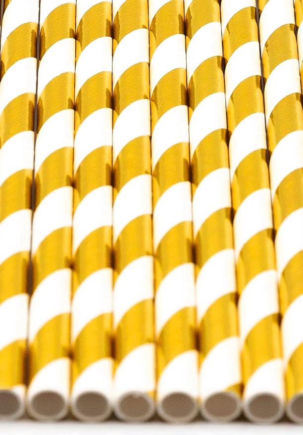 Pack of 150 Gold Foil Swirls Biodegradable 4-Ply Paper Drinking Straws (Compostable, Non-toxic, BPA-free)