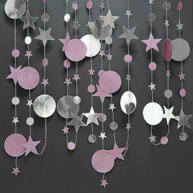 Decor365 Silver Pink Star Garland Decorations Twinkle Little Star Birthday Baby Shower Graduation Party Decor Banner Moon Stars Starry Night Galaxy Planet Celestial Theme Backdrop