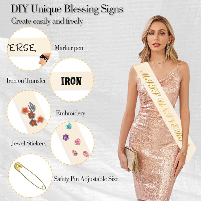 4Pcs Champagne DIY Blank Sash for Prom Queen, Homecoming, Pageant, Wedding Anniversary Christmas Party Satin Sash for Graduation, Birthday, Halloween Bachelorette Party, DIY Sashes with Safety Pin