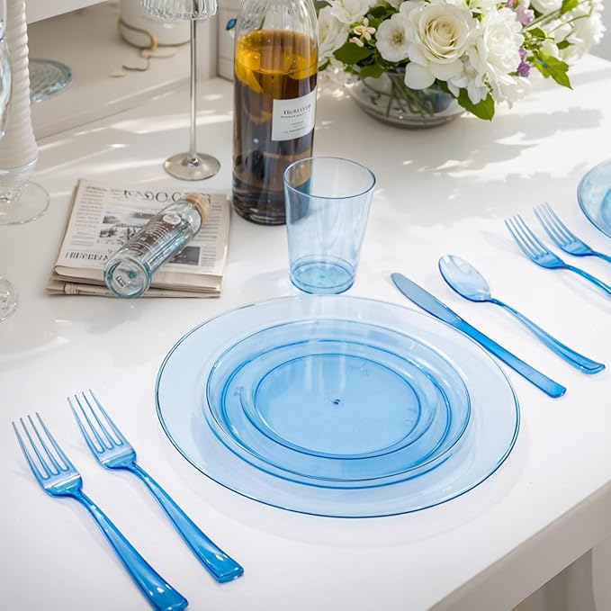 WDF 180 Pieces Blue Plastic Silverware Disposable - Clear Blue Cutlery Sets 60 Forks, 60 Knives and 60 Spoons - Heavy Duty Utensils for Party, Wedding, Graduation