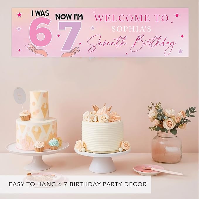 Andaz Press 13x48 Inch Custom 6 7 Birthday Banner Decorations, Personalized Birthday Banner with Custom Name, Pink 67 Happy Birthday Party Banner for Girls, Cute Backdrop for Home or Party Décor