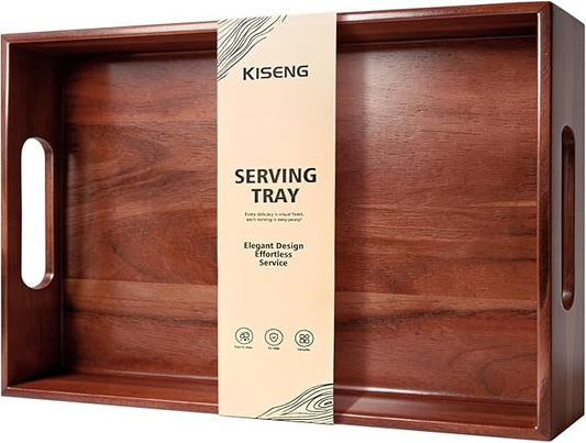 Acacia Wood Serving Tray with Handles, 17 x 12 Inch Large Wooden Tray for Food & Drinks, Coffee Table, Ottoman, Breakfast in Bed – Includes Free Leather Mat