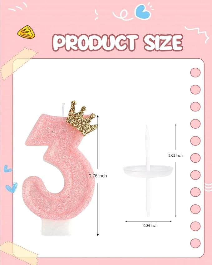 Birthday Candles for Cake, Pink Number Candles, Cake Candles with Cake Topper for Birthday Party Wedding Anniversary Celebrations (3 Candle)