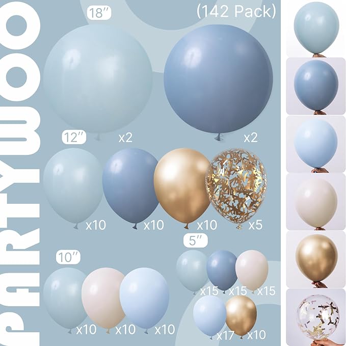 PartyWoo Dusty Blue Balloon Arch Kit Garland 142pcs Different Sizes of 18 12 10 5 Inch Light Baby Blue White Sand Gold Confetti Boho Balloons for Baby Shower Gender Reveal Birthday Party Decorations
