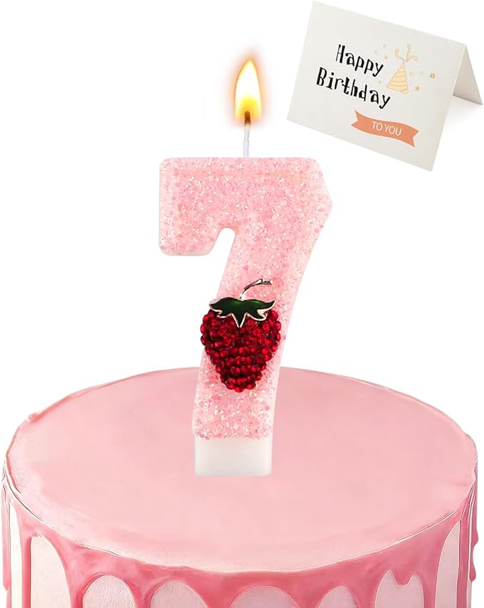 Birthday Candles for Cake, Pink Number Candles, Cake Candles with Greeting Card for Birthday Party Wedding Anniversary Celebrations (Strawberry 7 Candle)