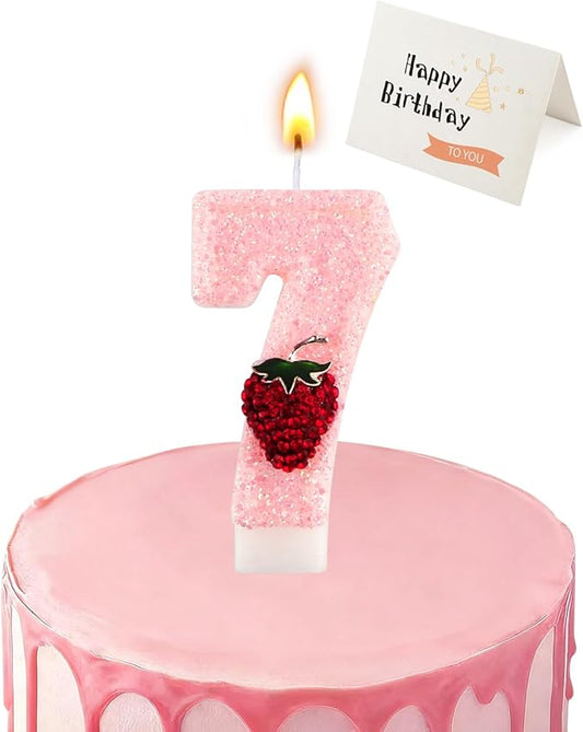 Birthday Candles for Cake, Pink Number Candles, Cake Candles with Greeting Card for Birthday Party Wedding Anniversary Celebrations (Strawberry 7 Candle)