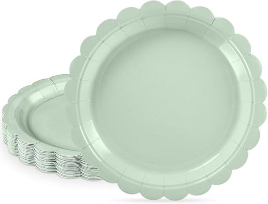 NatNarr 30 Pcs Dessert Plates Disposable, 7 Inch Scalloped Sage Green Birthday Cake Plates Small Appetizer Paper Plate for Baby Bridal Shower, Wedding